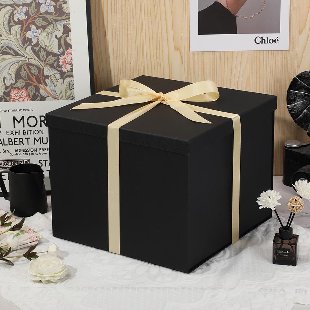 Large Gift Box with Lid 12x12x10 Inches Black Gift Packaging for Birthdays Christmas Anniversaries 1 Piece with Ribbon Card - Image 4