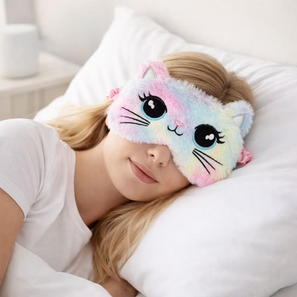 Plush Cat Face Sleep Mask Soft Faux Fur Eye Cover with Embroidered Design Elastic Satin Strap for Comfortable Light Blocking - Image 6