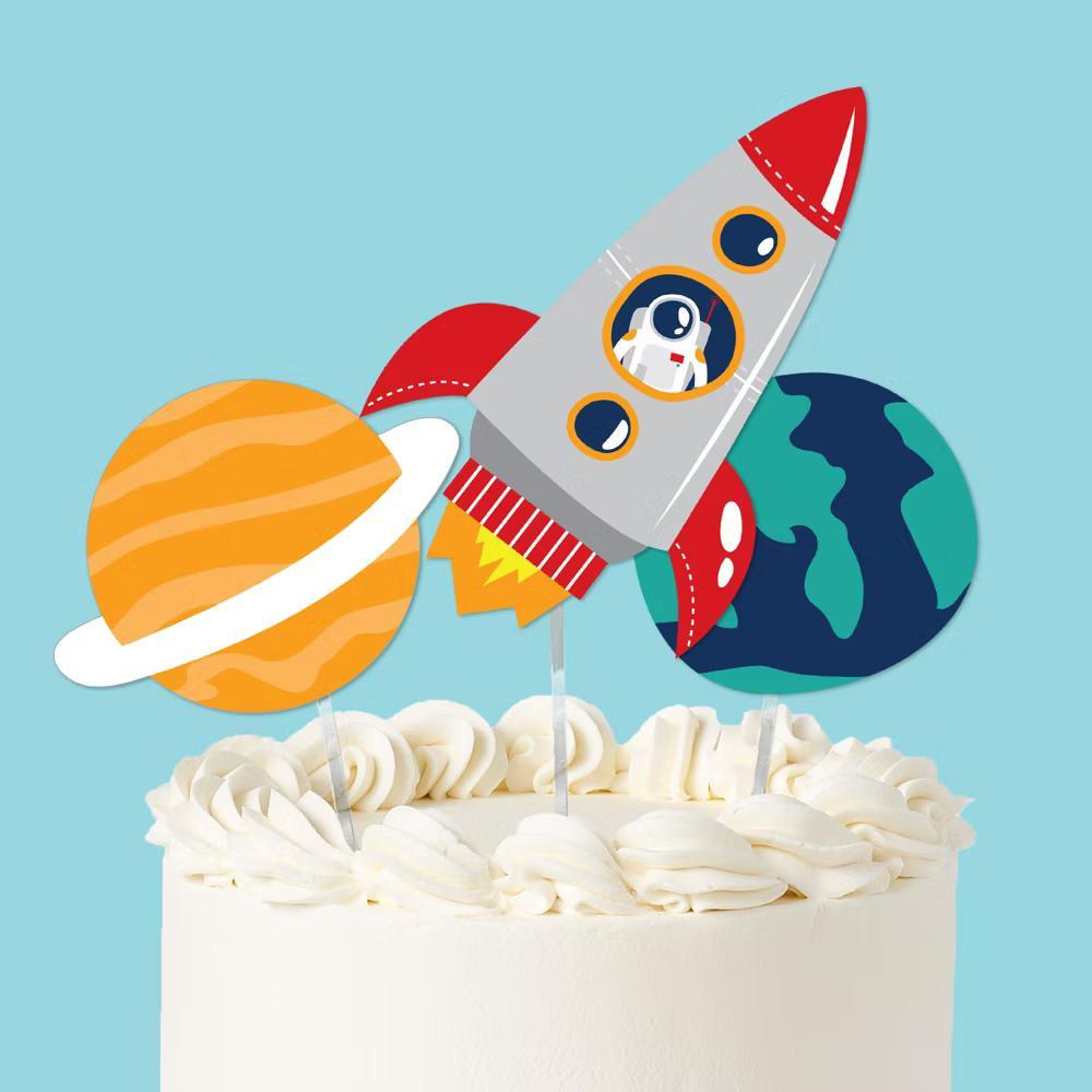 Blast Off to Outer Space Cake Topper Set, Rocket Ship Birthday Party Decorations with Planet and Space-Themed Designs – 3 Count - Image 4