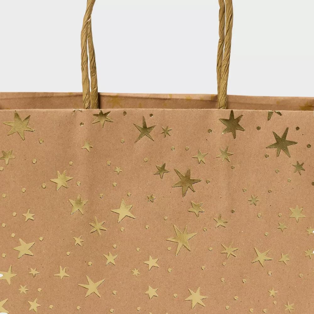 Small Foil Print Stars Kraft Gift Bag Natural/Gold - Image 2