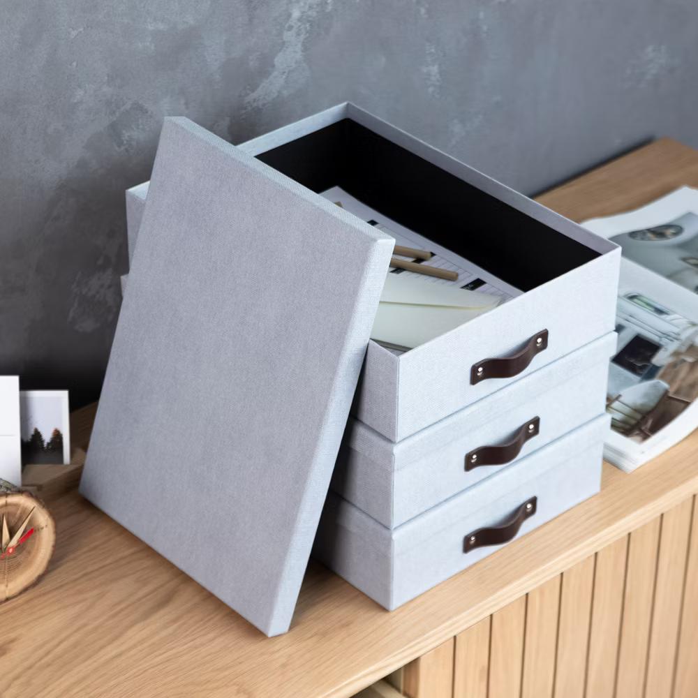 Bigso Oskar Document Letter Box with Lid and Leather Handle – Canvas Fiberboard File Organizer, 3.3" 10.2" 13.8" - Image 8