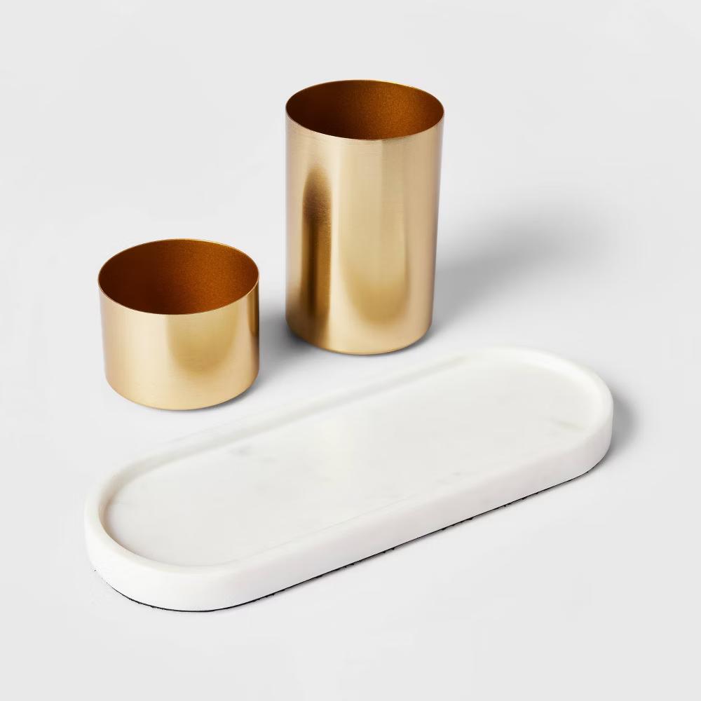 Modular Desk Org Marble Tray and Metal Cups Set - Desk Organizer, Office Supplies, Pen & Pencil Holder - Image 3