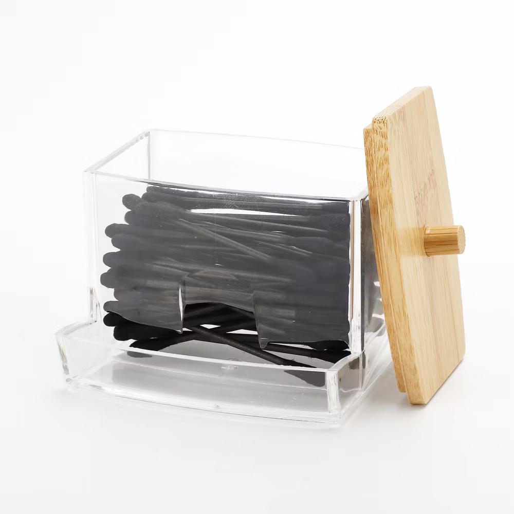 Acrylic Bamboo Wood Cotton Swab Jar Clear Wood Color - Image 9