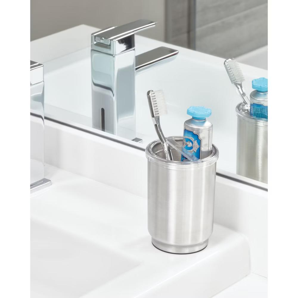 Austin Covered Toothbrush Holder Clear/Brushed: Bathroom Organizer with Steel & Plastic Design - Image 5