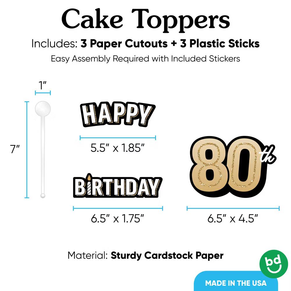 80th Birthday Cake Topper Set, Black and Gold Happy 80th Birthday Party Decorations for Adult Milestone Celebrations - Image 3