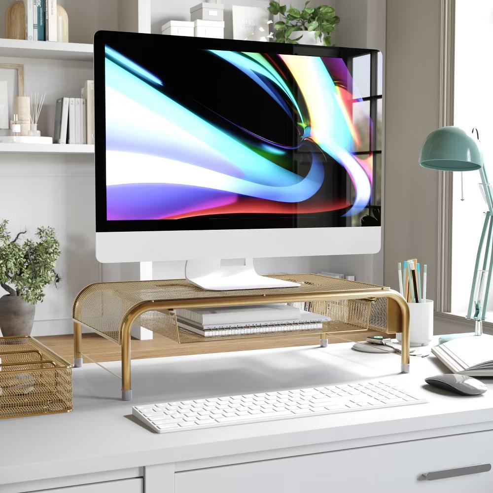 Martha Stewart Ryder Gold Mesh Metal Desktop Monitor Stand Riser with Organizer Drawer and Side Storage - Image 3