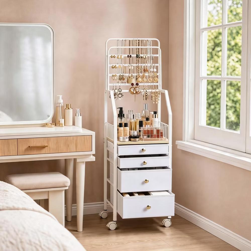 Rolling Makeup Vanity Cart and Jewelry Organizer with Drawers and Hooks - Multifunctional Cosmetics Storage Tower