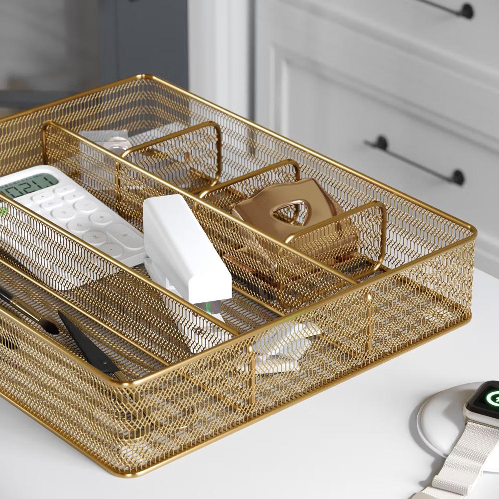 Martha Stewart Ryder Gold Mesh Metal 6 Compartment Large Desk Drawer Organizer for Accessories and Office Supplies