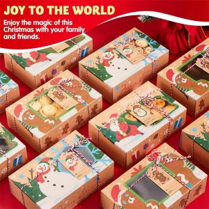 24 Pcs Christmas Cookie Gift Baking Box, Auto-Popup Treat Boxes with Window and Tags, Xmas Treat Boxes Containers for Cookies & Holiday Baking