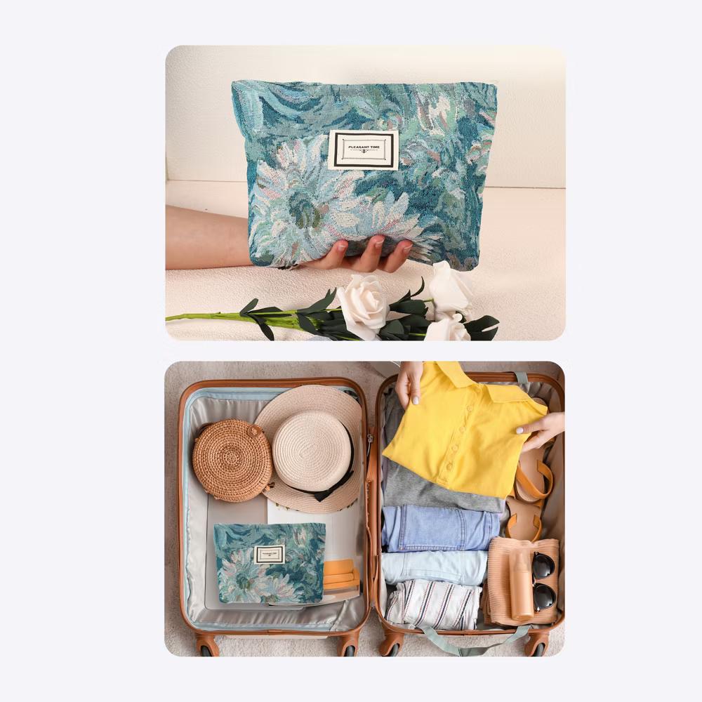 Travel Zipper Floral Makeup Bags and Organizers Blue - Image 5