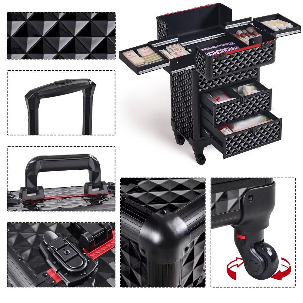 Yaheetech Professional Rolling Makeup Train Case with Drawers, Black - Image 4
