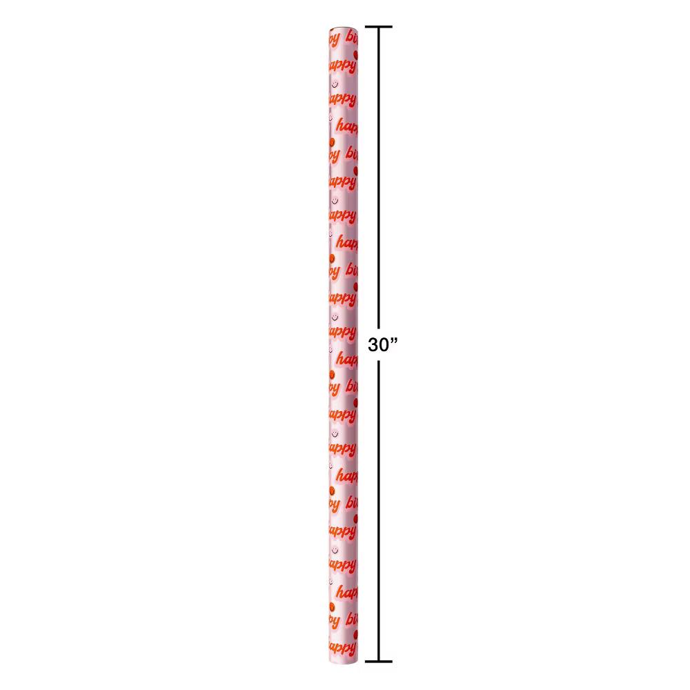 Happy Birthday Foil Wrapping Paper, Pink Smiley Faces 1 Roll 72"x30" - 15 sq ft - Designed by Spaghetti and Meatballs