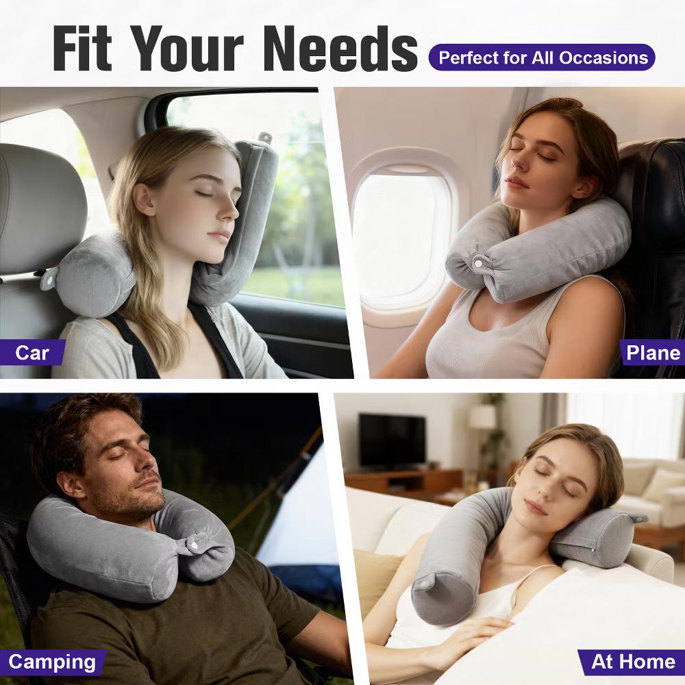 2 Pack Neck Pillow Travel Pillow Memory Foam For Airplanes Car, Flexible U-Shaped Plane Pillow With Washable Cover, Light Gray - Image 5