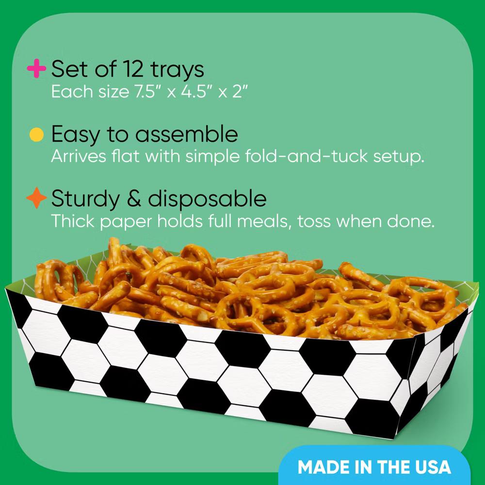 Soccer Party Paper Food Trays, Disposable Double-Sided Paper Food Holders for Nachos, Hot Dogs, French Fries - 12 Ct - Image 4